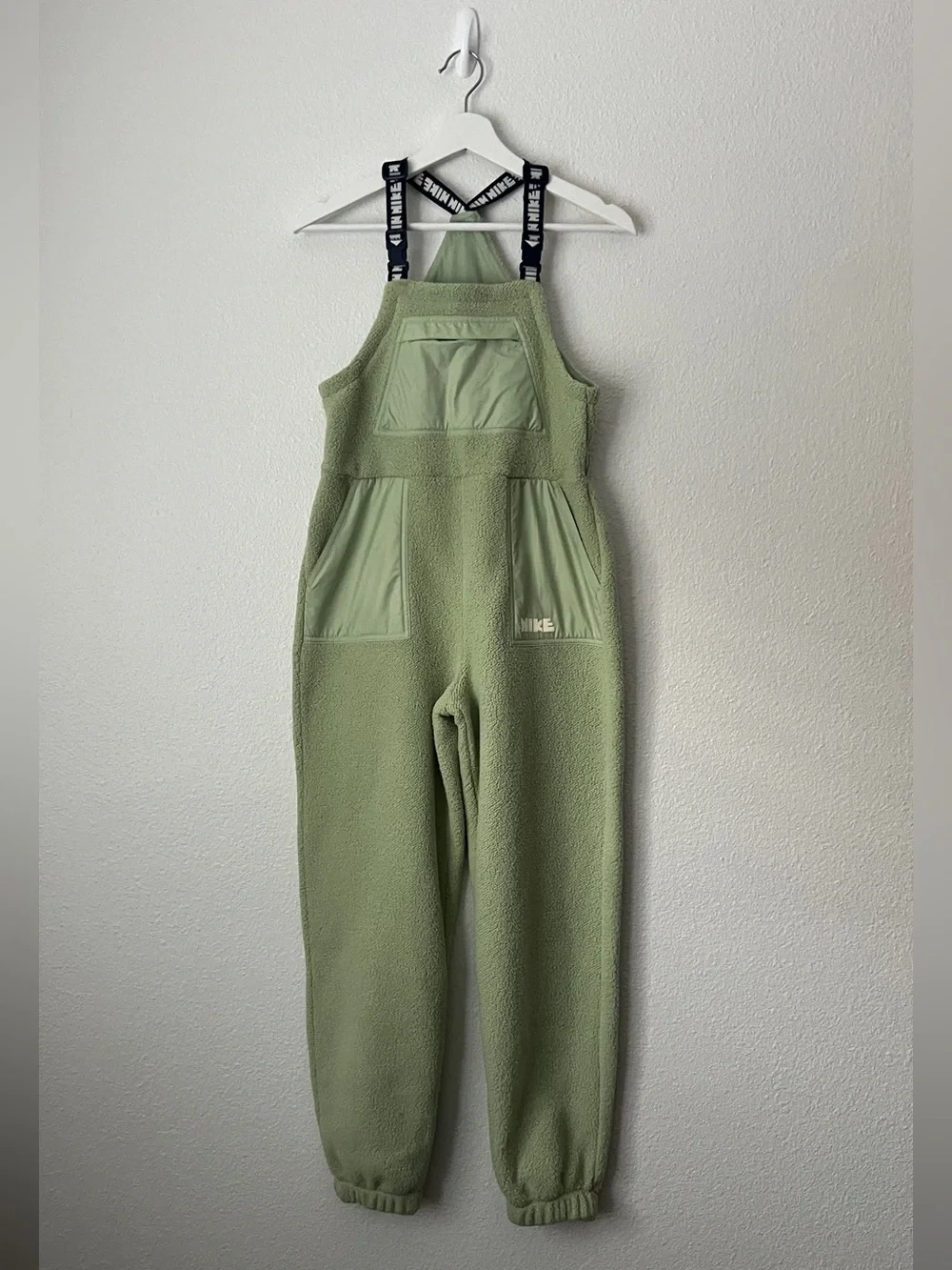 NWOT Nike Olive Green Fleece Overalls Jumpsuit with Branded Straps